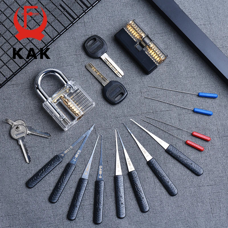 KAK Transparent Practice Padlock Set - Cutaway Training Lock with Broken Key Extractor Hooks and Locksmith Tools