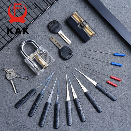 KAK Transparent Practice Padlock Set - Cutaway Training Lock with Broken Key Extractor Hooks and Locksmith Tools