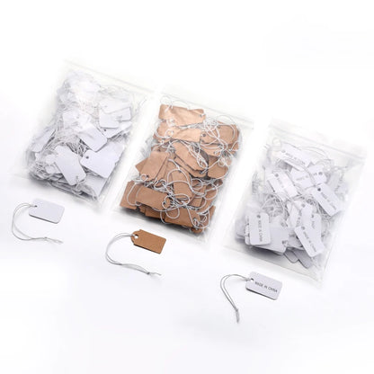 100PCS Small Jewelry Labels — DIY Blank Kraft Paper Tags with White Elastic Line, Multi-Size Price Tags X13