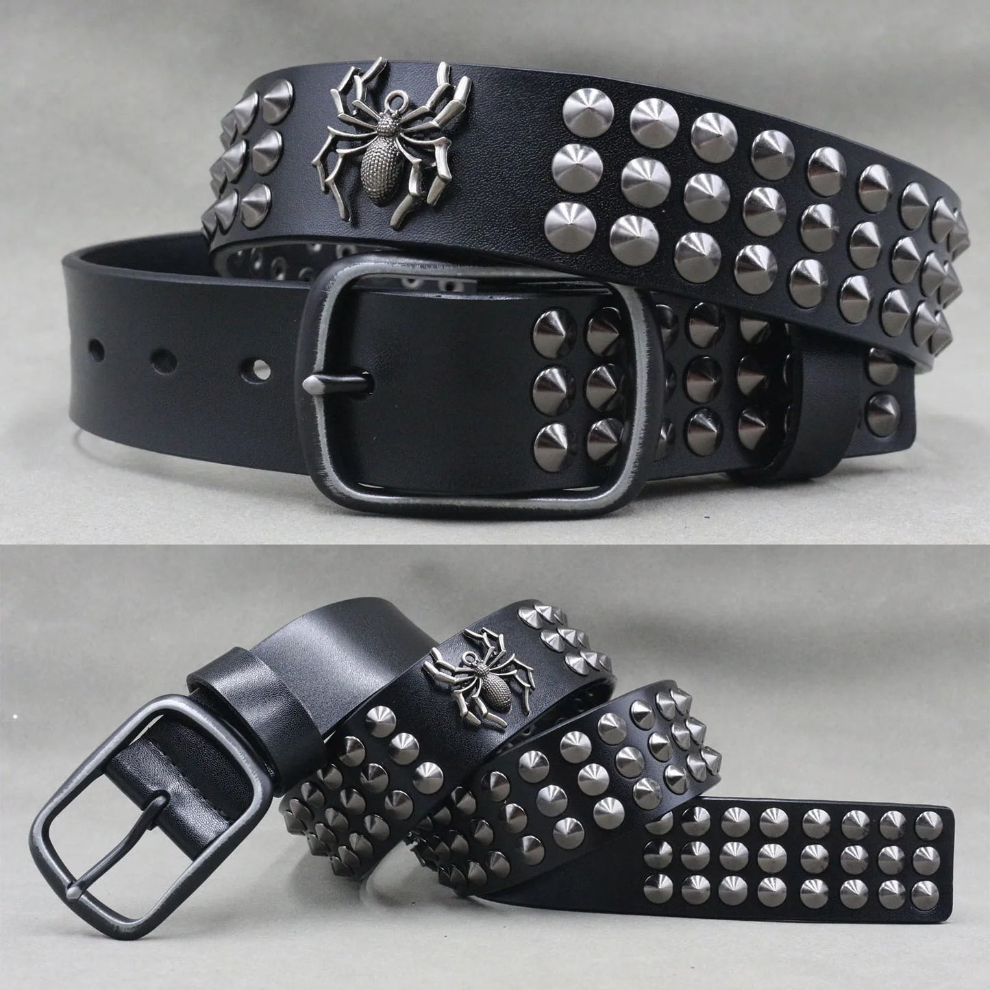 Men’s Designer Rivet Belt – Genuine Cowhide Leather Punk Rock Pin Belt for Jeans, Luxury Black Leather Belt