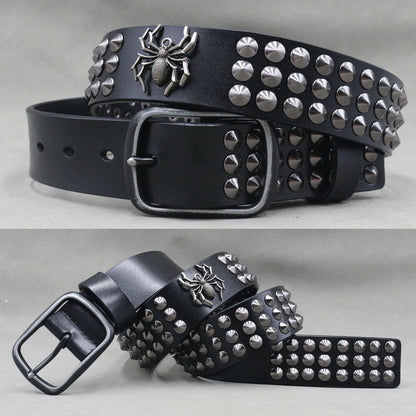 Men’s Designer Rivet Belt – Genuine Cowhide Leather Punk Rock Pin Belt for Jeans, Luxury Black Leather Belt