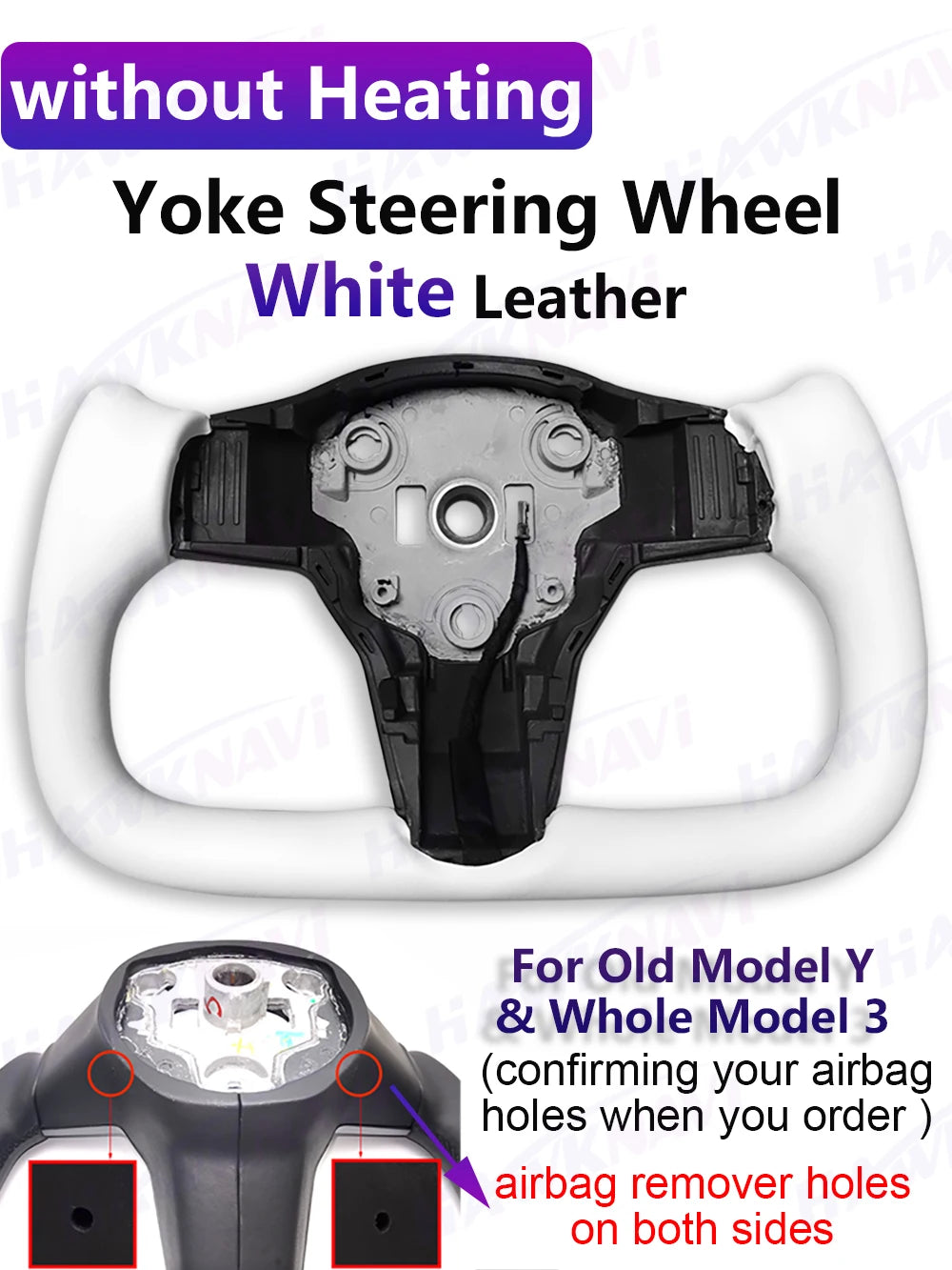 Hawknavi 350mm Yoke Steering Wheel – Leather Racing Style for Tesla Model 3 & Model Y, Heated Optional, White & Black