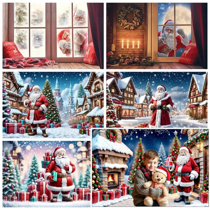 MOON.QG Christmas Santa Claus Village Backdrop – Holiday Photo Studio Background with Trees & Gifts for Home Decoration