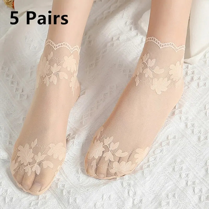 5 Pairs Summer Pure Cotton Women Socks - Leaves Lace Invisible Thin Ladies Boat Hollow Non-slip Shallow Stockings