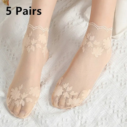 5 Pairs Summer Pure Cotton Women Socks - Leaves Lace Invisible Thin Ladies Boat Hollow Non-slip Shallow Stockings