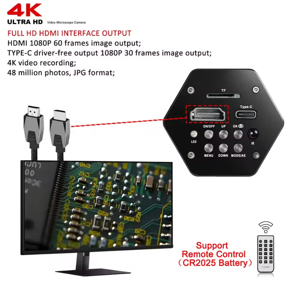 1080P 4K Industrial Microscope – 150X C-Mount Lens with 48MP/13MP Digital Camera, HDMI/USB-C/VGA for PCB Soldering & DIY