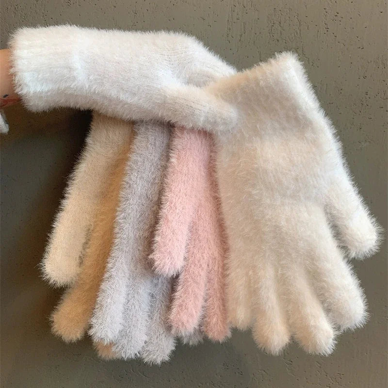 Fashion Winter Mink Velvet Gloves for Women - Plush Warm Cold-Proof Five Finger Mittens, Ideal for Outdoor Cycling in Solid Colors