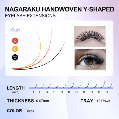 NAGARAKU YY-Shape Eyelash Extensions – Double & Triple Split Tips, Interlaced Root Lashes