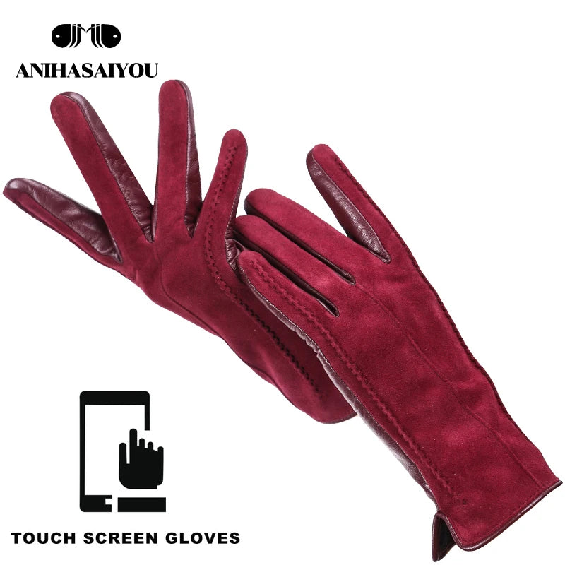 Women’s Winter Touch Gloves – 50% Genuine Leather & 50% Suede, Colorful Warm Leather Gloves