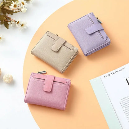 Fashionable Women’s Folding Short Wallet — High-Quality PU Leather Solid Color Purse with Zipper Coin Pocket & Card Holder