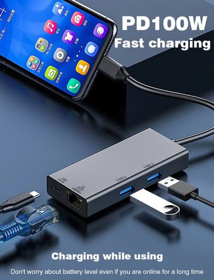 USB-C Hub Docking Station – Type C to RJ45 1000Mbps Ethernet Adapter, USB 3.0 Hub, 100W Charging Dock