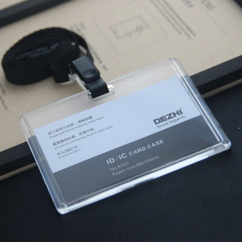 Transparent Acrylic ID Card Holder Keychain - Plastic Business Badge Holder with Lanyard and Clip Organizer for Office Supplies