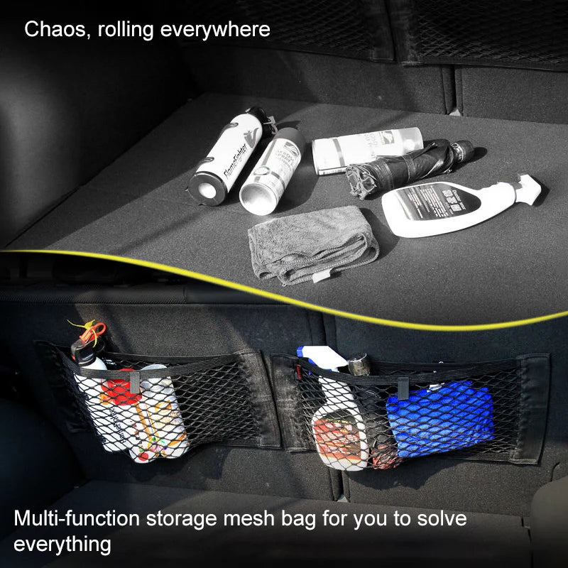 Universal Car Back Rear Trunk Organizer | Elastic Mesh Seat Net with Magic Sticker | Convenient Storage Bag Pocket for Auto Organization
