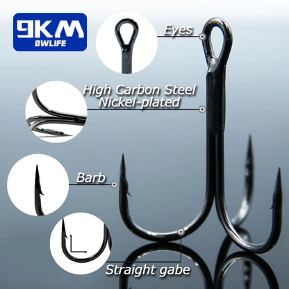 9KM High Carbon Steel Treble Fishing Hooks – Barbed Triple Hooks for Hard Lures & Saltwater Fishing