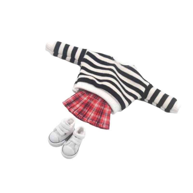 Blythe Doll Clothes – Fashion Tops, Black & White Shirts with Jeans & Plaid Pants for Azone OB22/OB24 Dolls