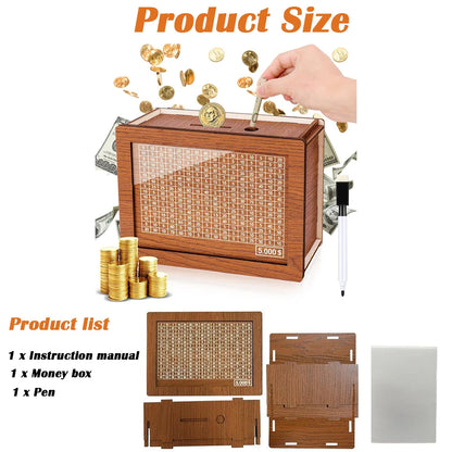 Wooden Money Box Piggy Bank – Cash Saving Treasure Coin Case for 1000/5000/10000 Euro – Encourages Saving Habit