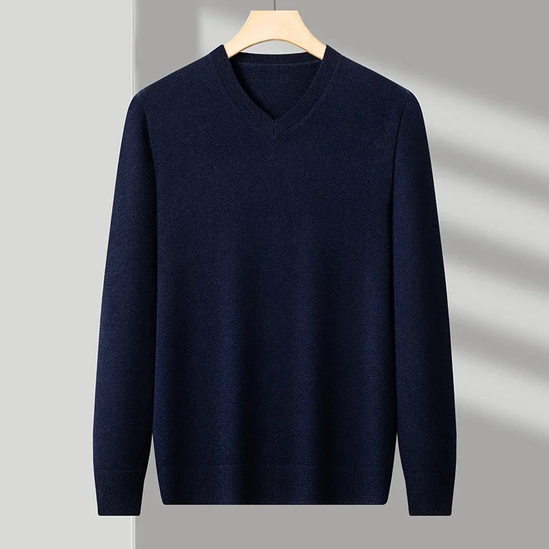 Men's V-Neck Knit Sweater - Solid Color Warm Elastic Oversized Autumn Pullover Casual Top