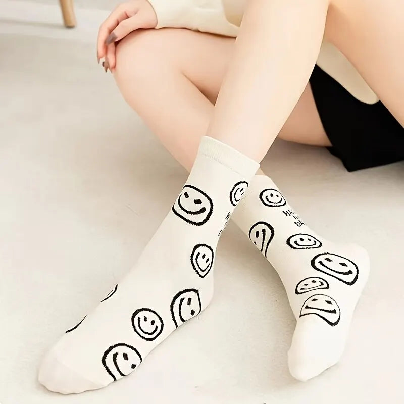 5 Pairs Happy Face Crew Socks – Cartoon Cat Cotton Mid Tube Socks, Breathable Women's Stockings & Hosiery