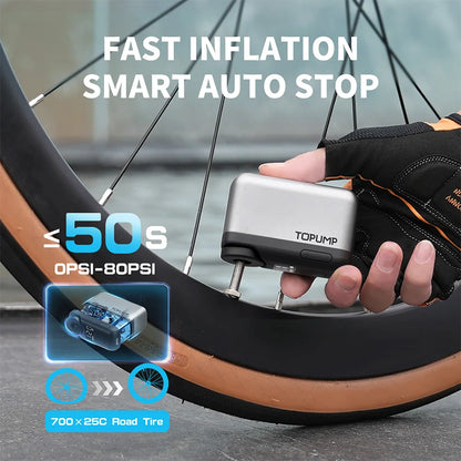 TOPUMP TB2 Pro Mini Electric Tire Pump - Portable Cordless Bike Inflator with 120 PSI & Digital Screen