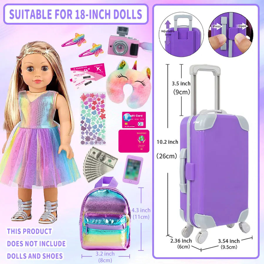 18-Inch Doll Clothes & Accessories Travel Set – Includes Pillow, Unicorn Bag, Camera, Computer, Phone & Passport, Gift for Kids