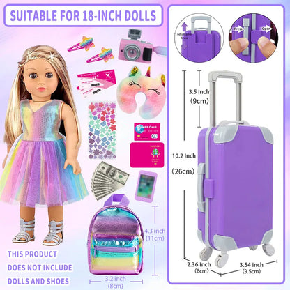 18-Inch Doll Clothes & Accessories Travel Set – Includes Pillow, Unicorn Bag, Camera, Computer, Phone & Passport, Gift for Kids