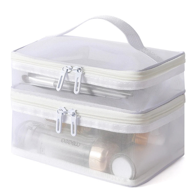 Travel 2-Layer Cosmetic Organizer Bag – Transparent Folding Mesh Zipper Pouch, Large Capacity Makeup & Wash Kit Bag 2024