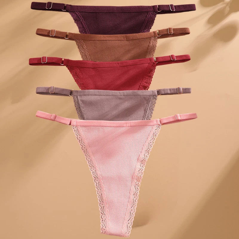 5PCS Cotton G-String Panties Set — Sexy Women’s T-Back Underwear, Adjustable Waist Thong Lingerie Briefs