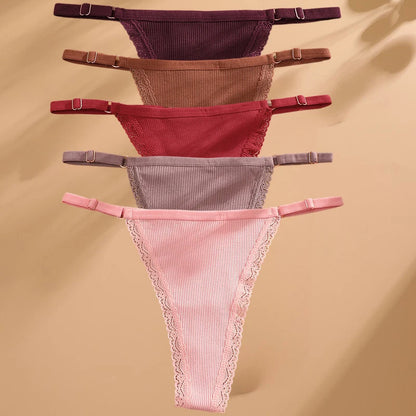5PCS Cotton G-String Panties Set — Sexy Women’s T-Back Underwear, Adjustable Waist Thong Lingerie Briefs