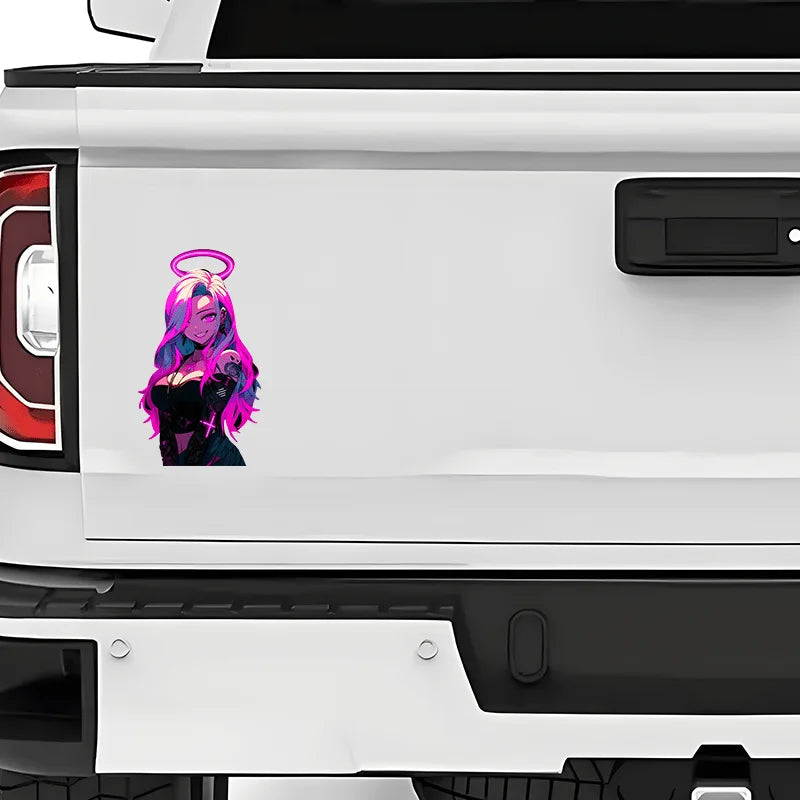 Neon Pink Cyberpunk Angel Sticker - Waterproof Vinyl Decal for Cars, Motorcycle Fuel Tanks, and Laptops