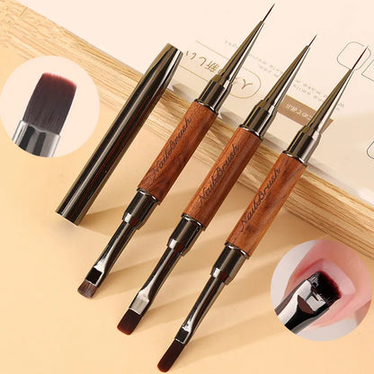 Double-Head Sandalwood Handle Nail Brush – Liner Brush Painting Pen, Gel Brush for Crystal Nail Art Manicure