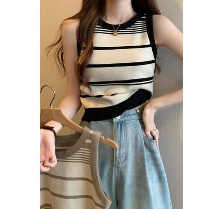 Women's Casual Striped Knit Sleeveless Tank Top with Contrast Trim – Pink, Black & White