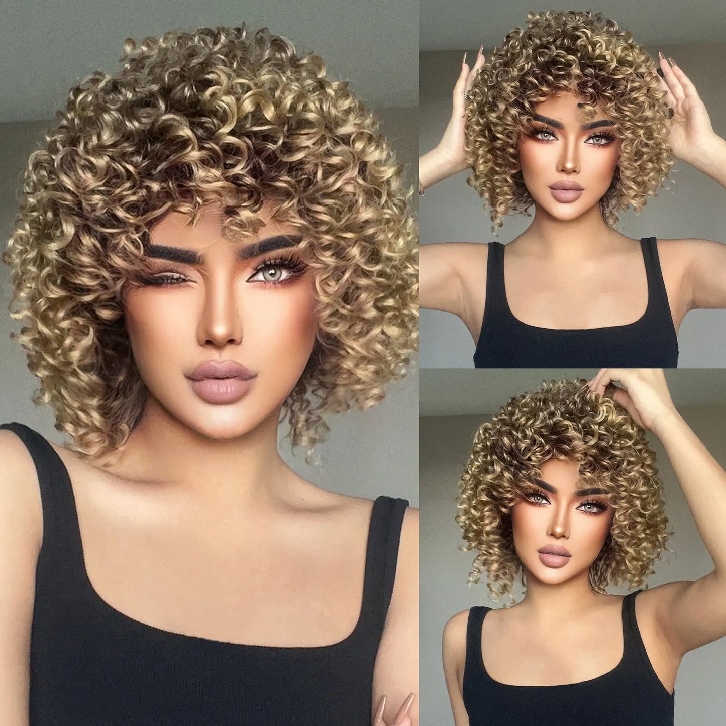Brown Blonde Curly Synthetic Wig - Short Kinky Curly Afro Wig for Women, Glueless Cosplay Style