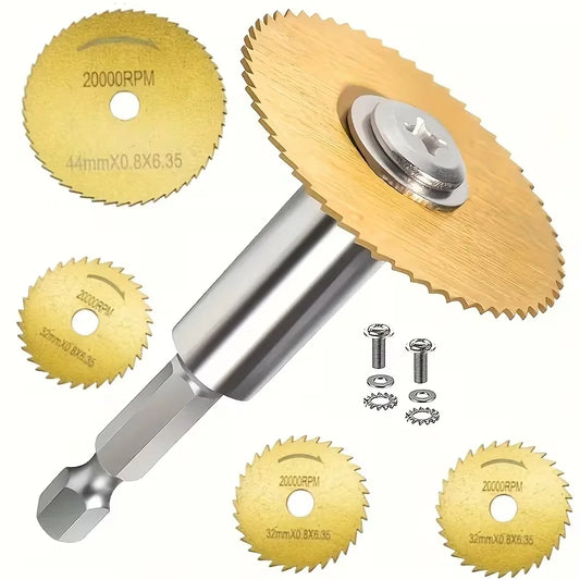 7Pcs HSS Saw Blade Set - Titanium Coated Hex Shank Cutting Discs for Wood, Metal, Tile, Stone, Glass & Plastic