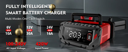 12V/30A & 24V/16A Smart Car Battery Charger — 6V/10A Motorcycle Battery Repair for AGM, GEL, Lithium & LiFePO4 Batteries