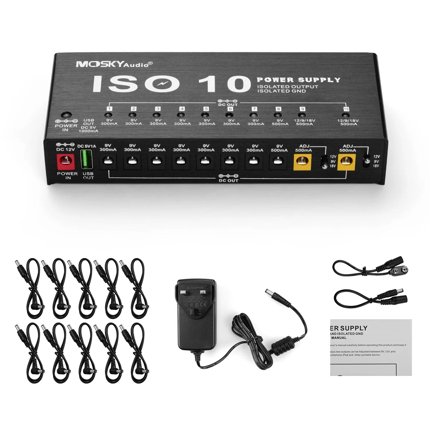 MOSKY ISO-10 Guitar Pedal Power Supply – 10 Isolated DC Outputs, 5V USB Output for 9V, 12V, 18V, Protection for Guitar Accessories