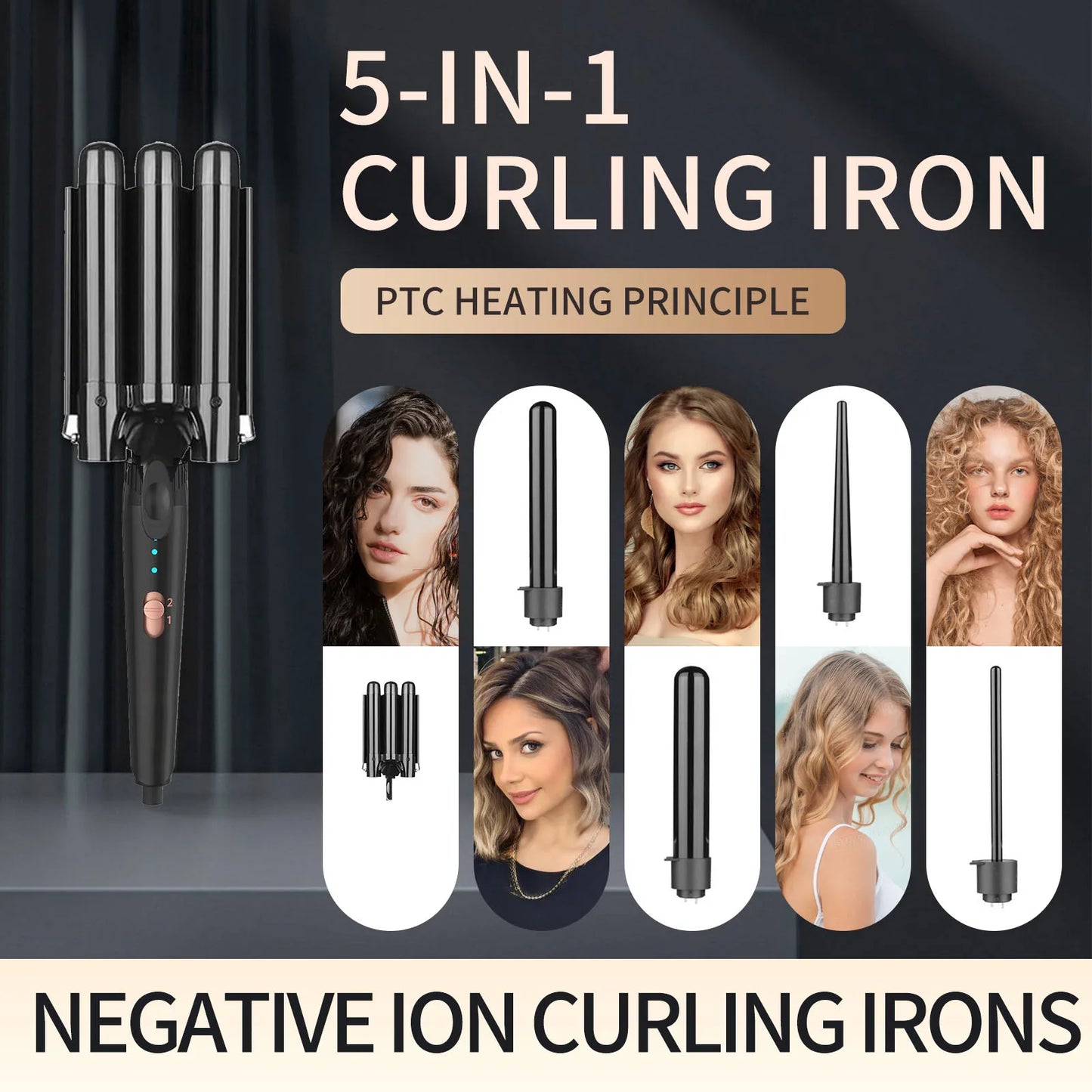 5 in 1 Hair Curler Wand Set with Curling Brush – 0.35” to 1.25” Curling Iron, Heat Resistant Glove & Hair Clips