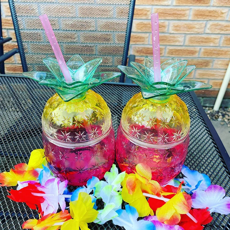 Hawaii Party Cups: 10pcs Plastic Strawberry Pineapple Drinking Cups with Straws - Luau Flamingo Summer Beach Pool Party Decorations