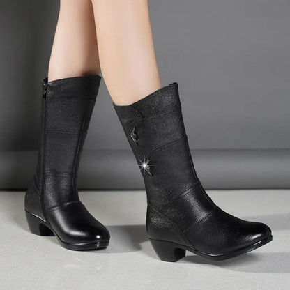 2024 Women’s Fashion Mid-Calf Boots – Waterproof Leather, Anti-Slip Zipper Winter Footwear