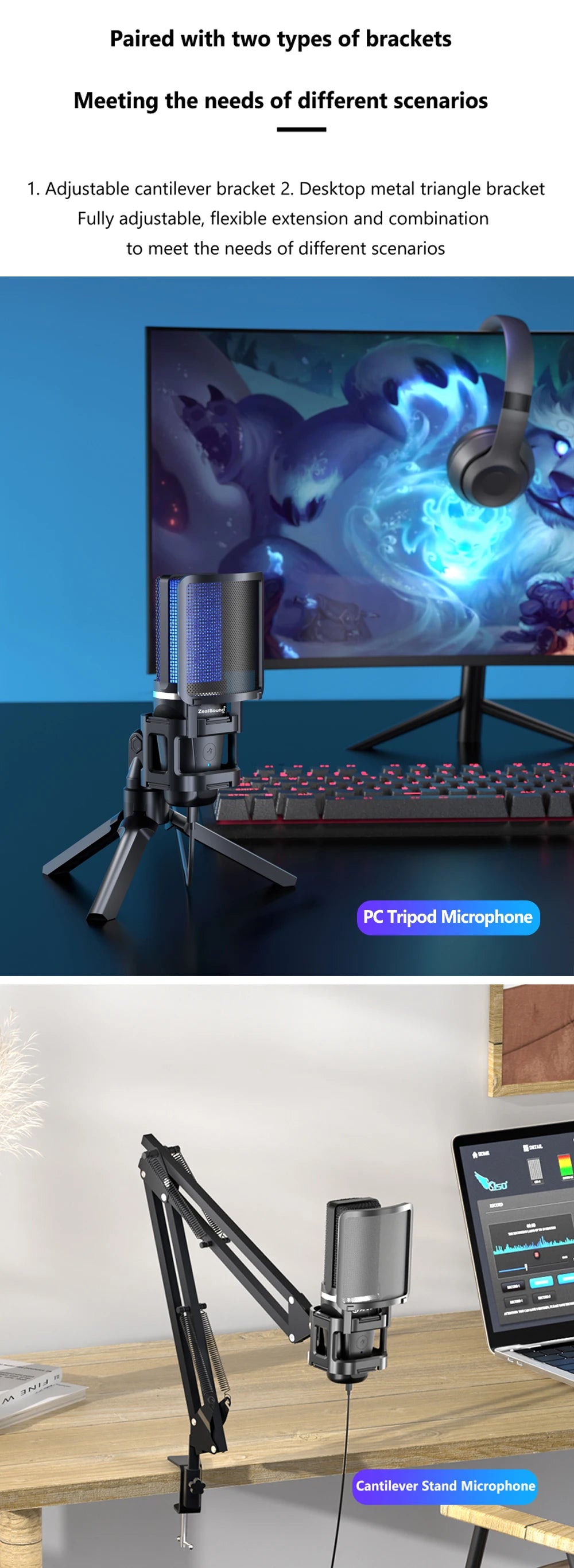 Zealsound RGB USB Condenser Microphone with Articulated Arm & Tripod – Gaming, Podcasting, Streaming, YouTube Recording Mic