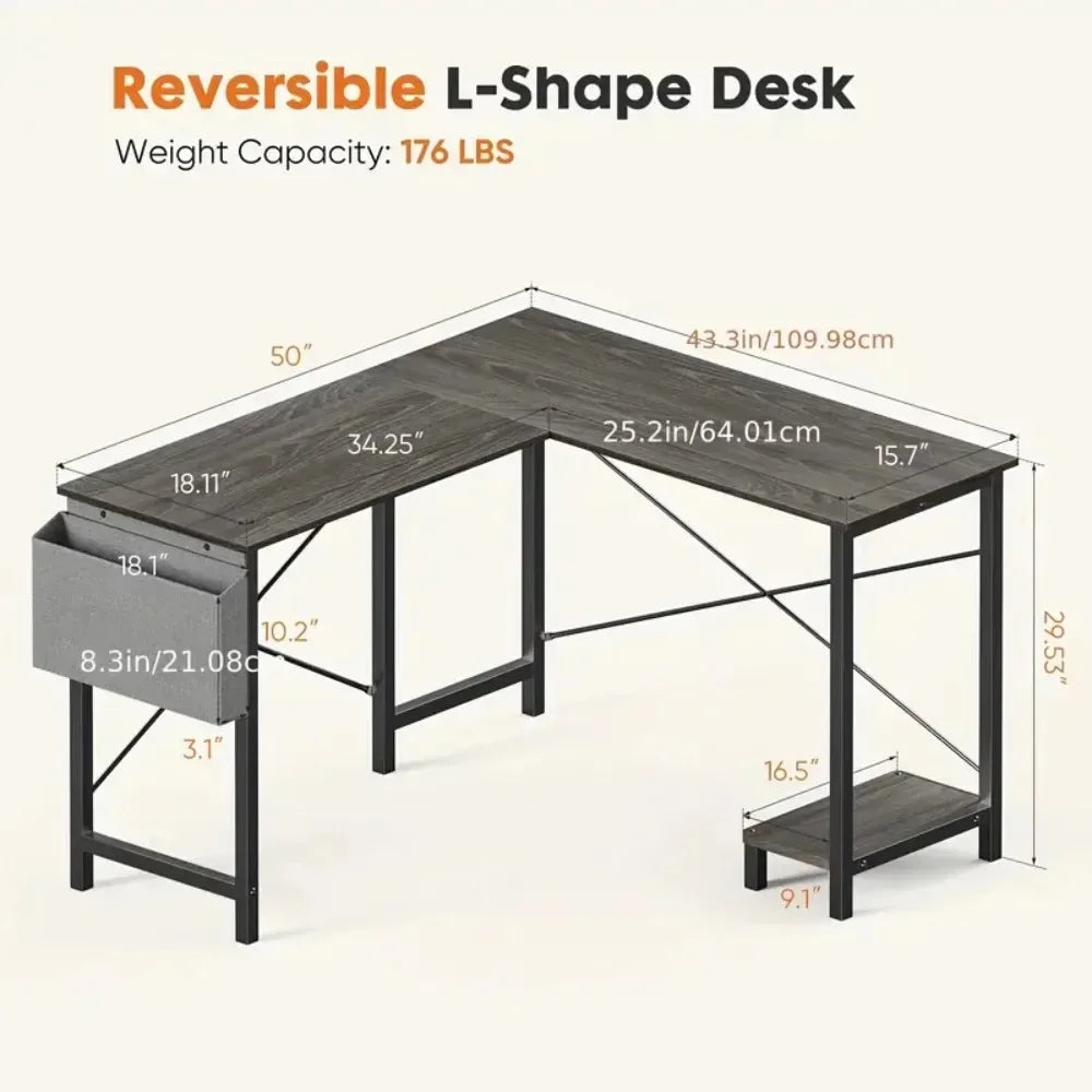L-Shaped Computer Desk – Wooden Corner Gaming Table with Side Storage Bag for Home Office, Small Spaces, White