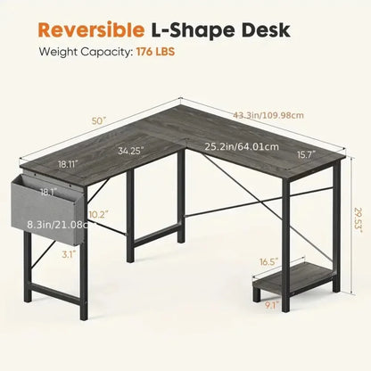 L-Shaped Computer Desk – Wooden Corner Gaming Table with Side Storage Bag for Home Office, Small Spaces, White