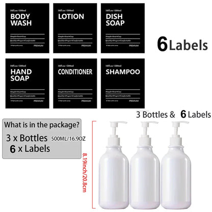 3 Pack 500ml Soap Dispenser Bottles with Labels – Kitchen & Bathroom Shampoo, Conditioner, Liquid Soap Containers