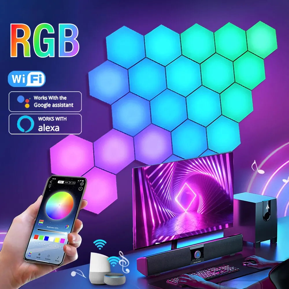 RGB Hexagonal Smart Wall Lamp – Color Changing DIY Modular Night Light with Music Sync & App Control for Bedroom & Game Room