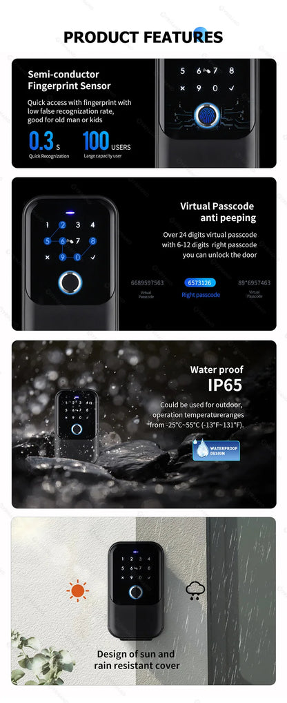 YRHAND TTlock Smart Fingerprint Lock Box – Digital Password, IC Card, Tuya Electronic Portable IP66 Security for Smart Home