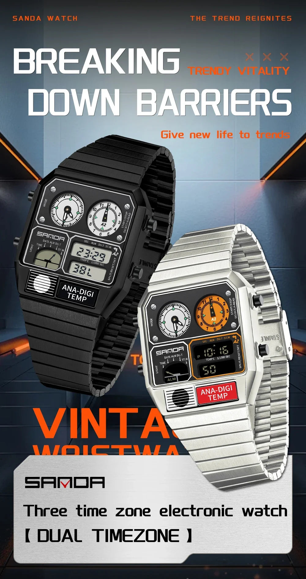 SANDA 3192 Men's LED Square Watch with Thermometer, Stopwatch & Chronograph – Multi-function Casual Timepiece for Youth   2/2