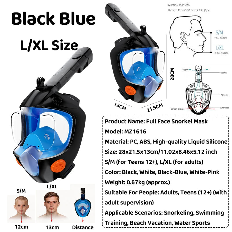 Full Face Snorkel Mask - 180° Panoramic Anti-Fog Dry-Top Leak-Resistant Diving Gear for Adults
