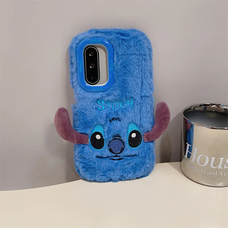 Cute Cartoon Stitch Plush Phone Case with Lens Holder – Shockproof Cover for Samsung Galaxy S23/S24/S25 Plus Ultra A56