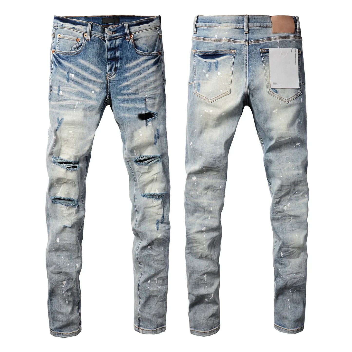 2025 Men’s High Street Ripped Skinny Jeans — Low Rise Blue Distressed Denim Fashion Repair Trousers 9003