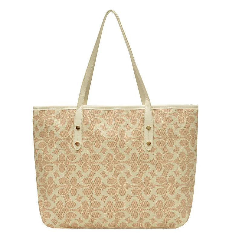 Classic Monogram Tote Bag - Large Capacity Canvas Shoulder Handbag with PU Trim for Women, Work & Shopping