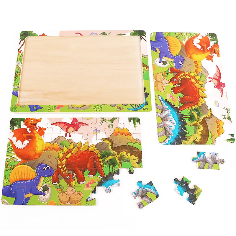30PCS Wooden Jigsaw Puzzle – Cartoon Animal & Vehicle Educational Toys for Kids